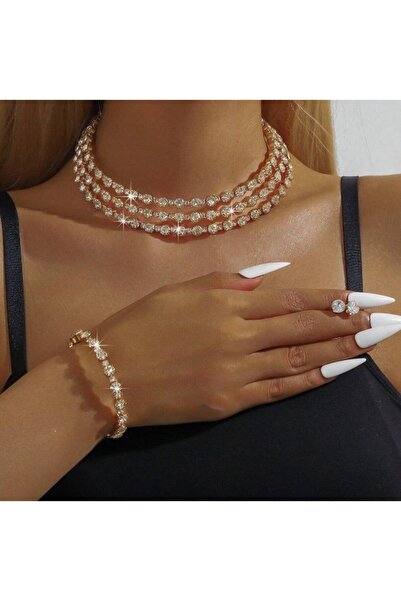 Inovius Set Bijuterii Cu Strasuri 4 Piese, Colier, Cercei si Bratara , Auriu - 69779