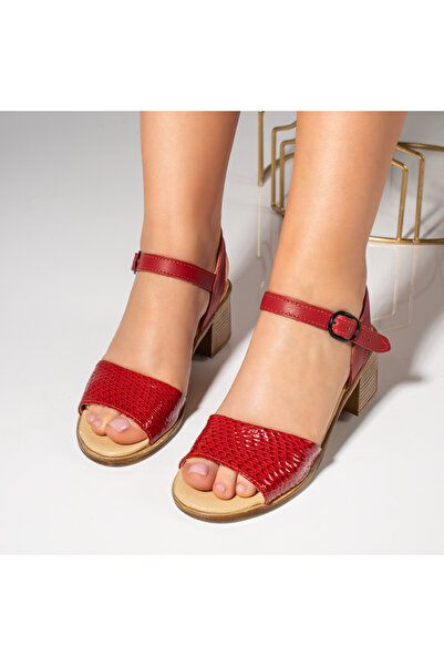 BMoD Women's red genuine leather sandals with block heel MOD09689