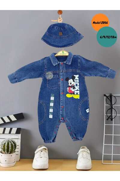 CROCODAYS Unisex Çocuk Bebek Kot (JEANS) Baskılı Şapkalı Tulum (3/6/9/12/18) Ay