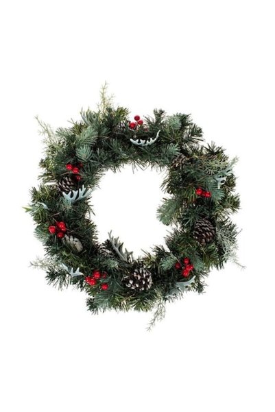 UnderShop Коледен венец 49 см с LED светлини, шишарки и червени боровинки - З...