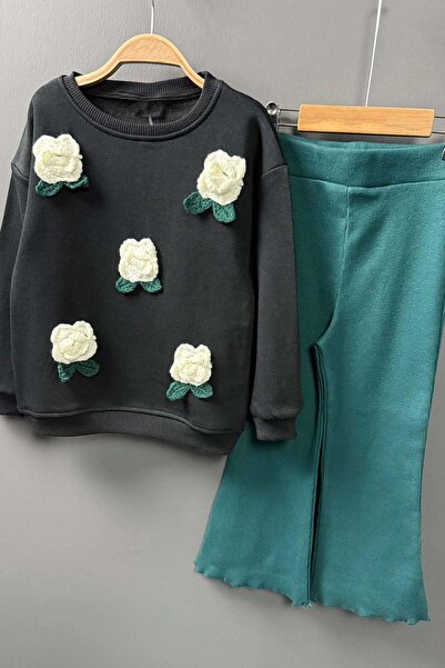 Riccotarz Girl's 3-Thread Black Sweater with Rose Figure on It, Loose-Fitting Scuba Fabric Bottom and Top Set