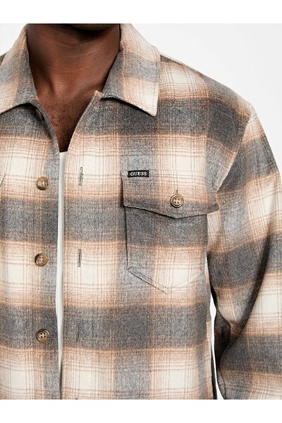 Guess Men's Plaid Patterned Double Pocket Relaxed Fit Shirt - Beige