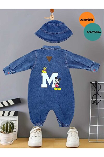 CROCODAYS Unisex Çocuk Bebek Kot (JEANS) Baskılı Şapkalı Tulum (3/6/9/12/18) Ay