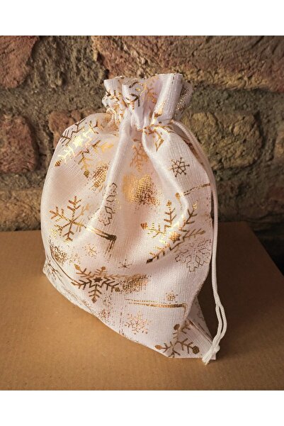 roco paper Yılbaşı Altın Varak Baskılı Kumaş Hediye Kesesi, Büyük Boy Hediye Torbası, Beyaz, 12 Adet-17x23 Cm