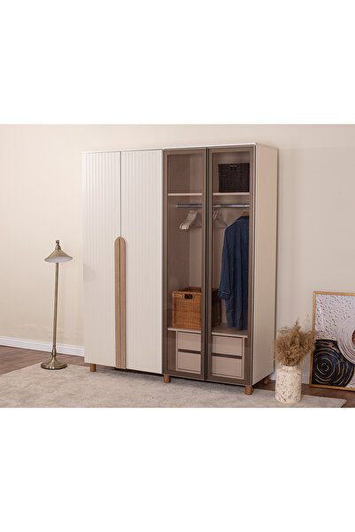 DONACO İtra 4 Kapaklı Gardırop – Krem Gövde, Krem Lake Camlı Kapak