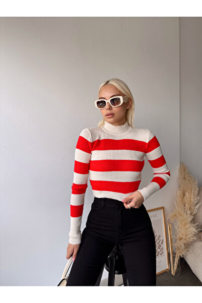 LACHT Women's Ecru-Red Thick Striped Mock Neck Crop Knitwear Sweater