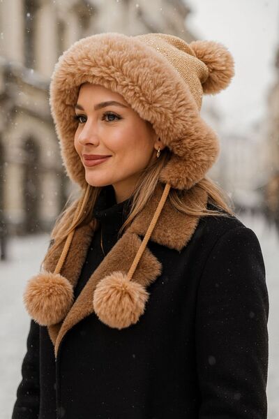 MARBERRY Camel Soft Textured Women's Beanie with Stones and Pompoms