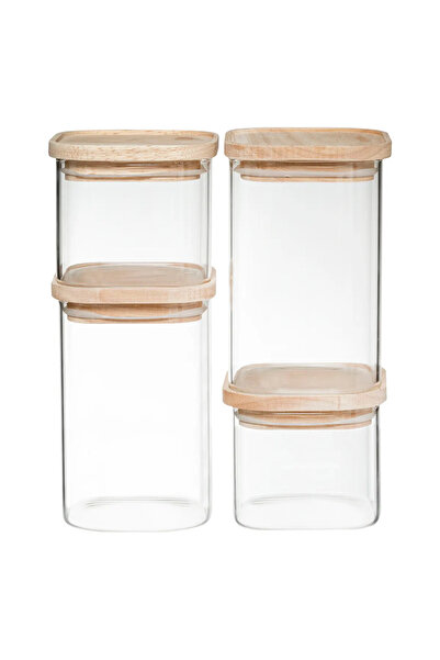 5FiveSmart Set of 4 5Five airtight storage jars, borosilicate glass and wooden lid, transparent