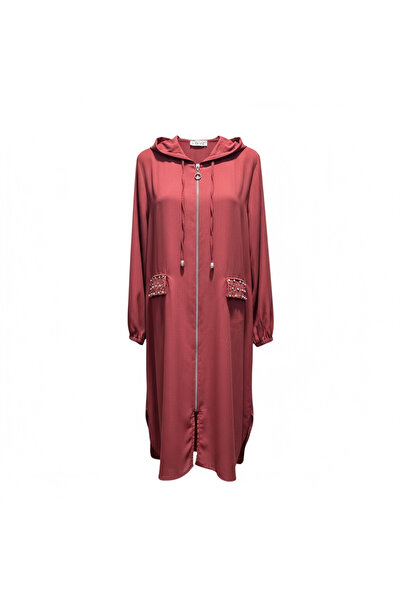 ALEYNA GİYİM Taş Detaylı Kapüşonlu Fermuarlı Kadın Kap - Kiremit