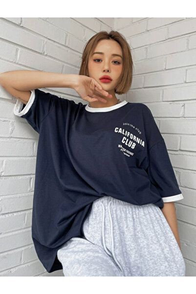 LAPS Women's Navy Blue White Piping California Club Oversize T-Shirt