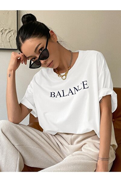 LAPS تي شيرت أبيض برقبة دائرية كبير الحجم مطبوع للجنسين