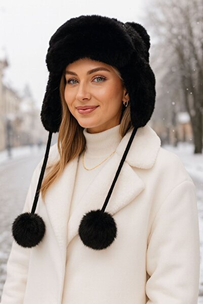 MARBERRY Black Soft Textured Pompom Women's Beanie