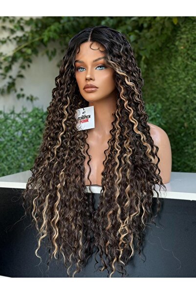 Fenomen Peruk Afro Kıvırcık Tül Peruk – Uzun Karamel Işıltılı Koyu Kahve Doğal Görünümlü Peruk