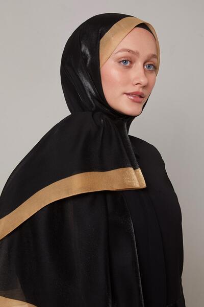 Levidor Siyah-Gold Şerit Desen Kehribar Şal