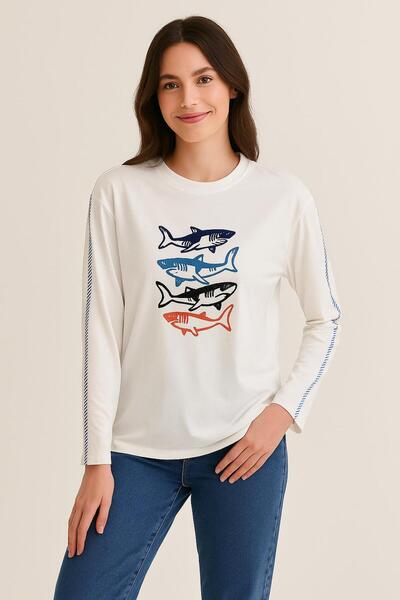 Manga Baskılı Uzun Kollu Tunik M10640 Beyaz