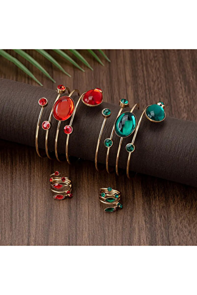 byozanyılmaz Adjustable Bracelet and Ring Set with Green and Red Stones