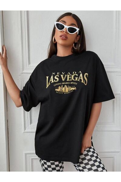 LAPS تي شيرت نسائي أسود كبير الحجم مطبوع من نيفيدا لاس فيغاس