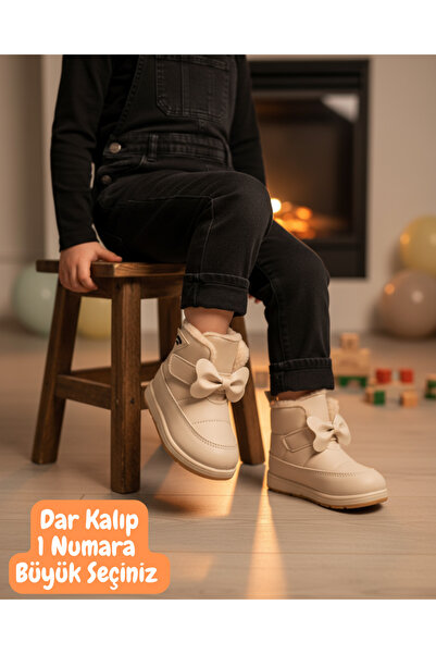elma bebe İçi Kürklü Yünlü Anatomik Kız Bebek Çocuk Yağmur Kar Kışlık Cırt Cırtlı Fiyonk Kurdele Bot Ayakkabı