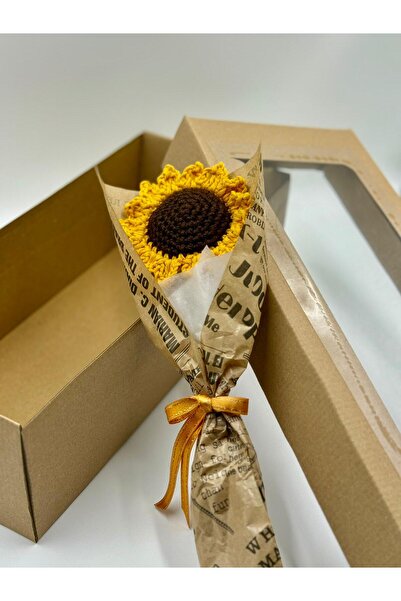 HENERA El Örgüsü Solmayan Tekli Ayçiçeği / Yapay Çiçek / Sevgililer Günü / Hediyelik /Doğum Günü