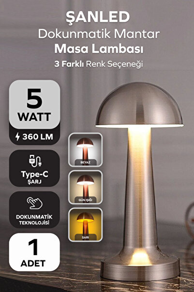 ŞANLED Krom Gri Renk Şarjlı LED Masa Lambası Type-C Girişli Dokunmatik 3 Işık...