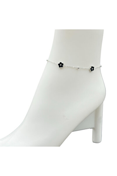 ElectraStore Silver Anklet With Black Flowers - C4056