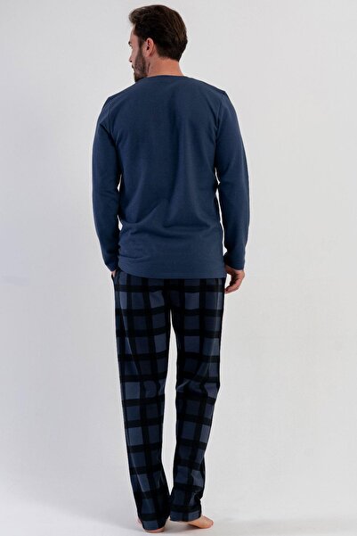 VİENETTA Men's Blue Long Sleeve Crew Neck Checkered Bottom 2 Thread Pajama Set C1T8N1305