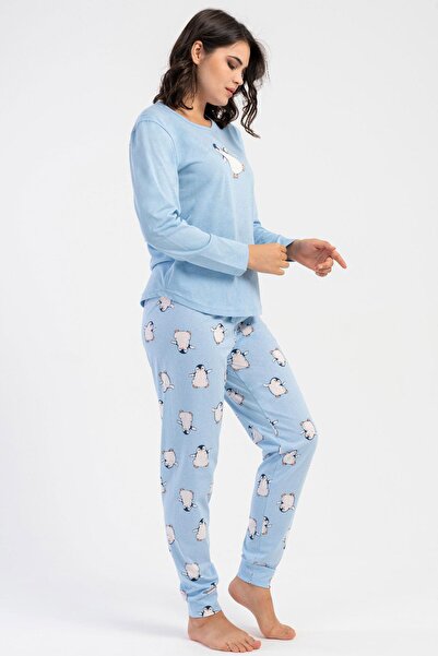 VİENETTA Set de pijamale din bumbac cu mâneci lungi, culoare albastră, cu guler rotund picioare elastice, cu model de pinguin C1T6N13