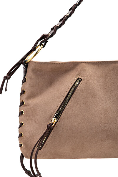 minebag Knitted Handle Rope Pendant Detailed Suede Texas Women's Shoulder Bag Mink