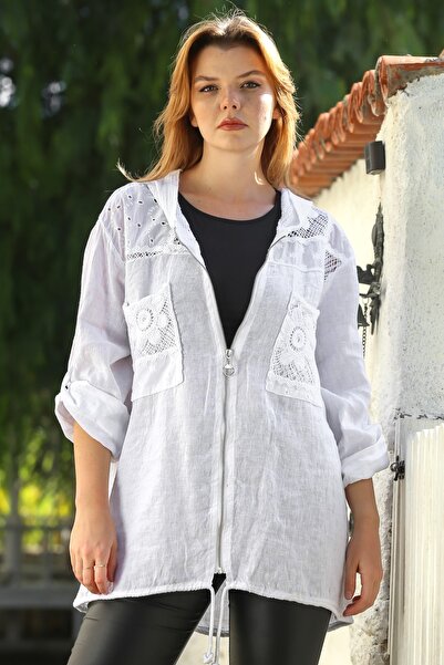 Chiccy Italian White K Hooded Buttoned Long Sleeve Zippered Pocket Mesh Detailed Linen Woven Jacket 75 65