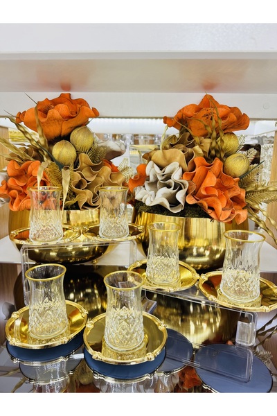 EVRA 6 Kişilik Döküm Pirinç Tabaklı Lüx Çay Seti Takımı