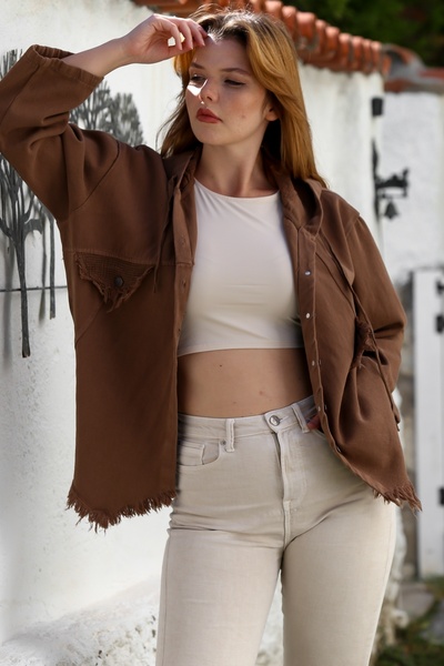 Chiccy Brown Hooded Long Sleeve Mesh Detailed Skirt Hem Tassel Trimmed Gabardine Woven Jacket 64 65