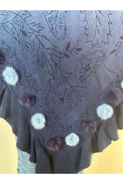 Gönülden Tasarım Triko Patterned Colorful Ruffle Collar Pompon Pancho