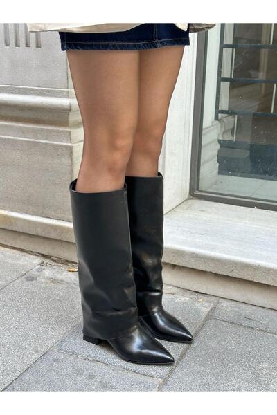 ERVANIN BUTİĞİ Siyah Kırışık Deri (Favy) Topuklu Kadın Çizme