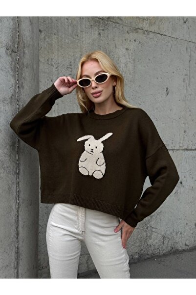 Le Savu Πλεκτό πουλόβερ Rabbit με τύπωμα με λαιμόκοψη oversized σε χακί χρώμα