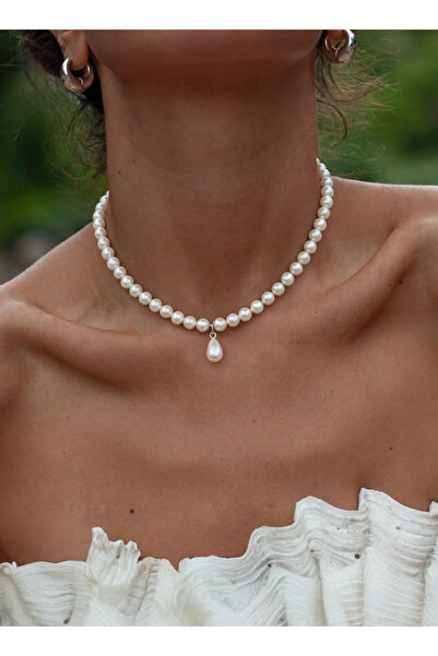 Handmade Vintage Görünümlü Su Damlası Detaylı İnci Kolye