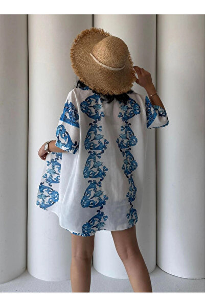 Buklemoda Linen Fabric Blue Patterned Top and Bottom Set