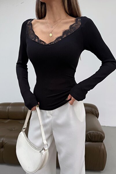 mylove بلوزة مزينة بالدانتيل باللون الأسود