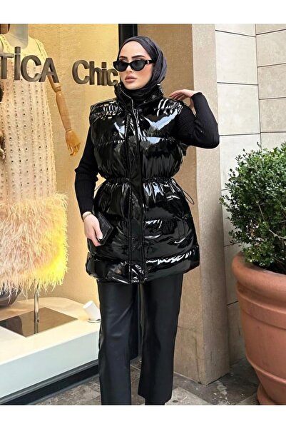 Hb Harma Time Butik Дамско черно лъскаво пухено яке с цип и джобове с копчета