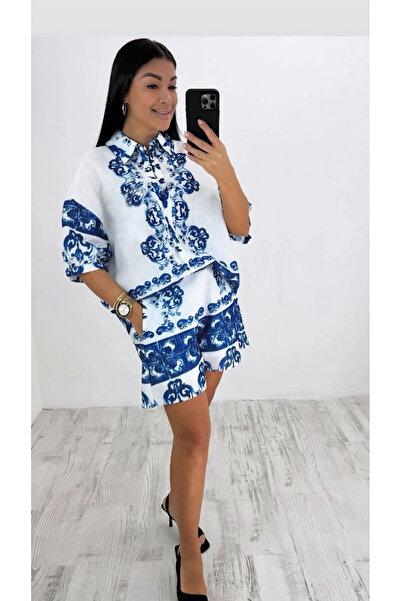 Buklemoda Linen Fabric Blue Patterned Top and Bottom Set