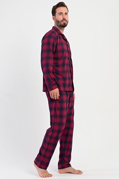 VİENETTA Men's Burgundy Color Front Buttoned Shirt Collar Long Sleeve Plaid Pattern Pajama Set C3T4N1305