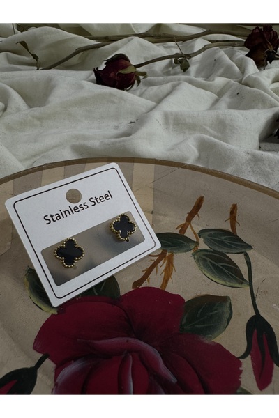 Okudan Yonca Siyah Gold Renk Çelik Küpe