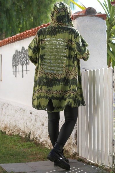 Chiccy Italian Pistachio Green K Hooded Button Long Sleeve Leopard Pattern Pocketed Slim Casual Woven Jacket 88 72