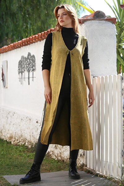 Chiccy Mustard V-Neck Sleeveless Tie-Up Side Casual Long Knitwear Vest 118 75