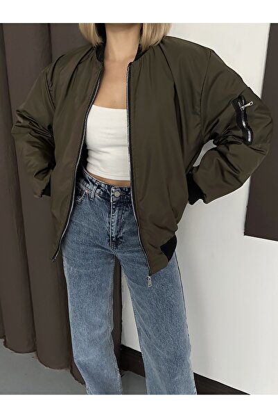 LE CARAMBOLE Γυναικείο μπουφάν με φερμουάρ χακί με λεπτομέρειες