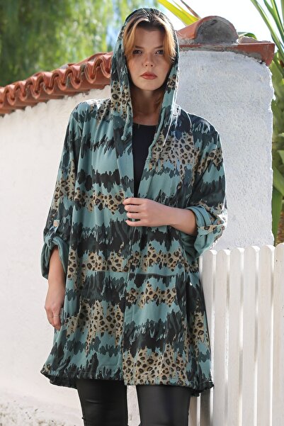 Chiccy Italian Green K Hooded Button Long Sleeve Leopard Print Pocketed Slim Casual Woven Jacket 88 72