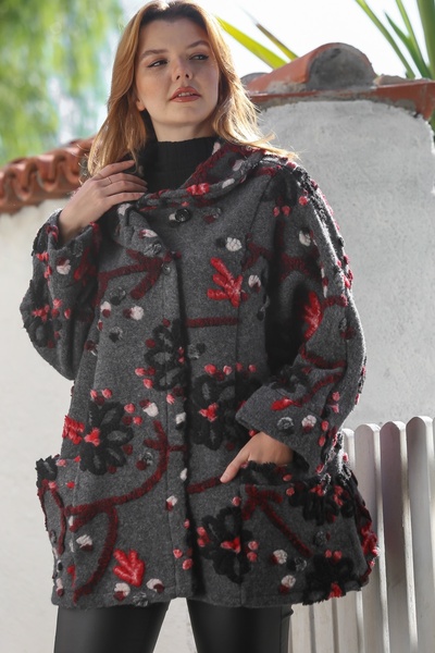 Chiccy Ιταλικό ανθρακί σάλι με γιακά με μακριά μανίκια με λουλουδάτες τσέπες Casual ύφασμα από τσόχα O oversized υφαντό παλτό 70 80