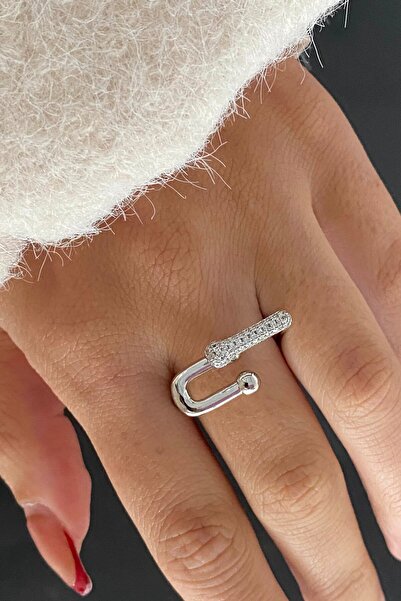 TAKIŞTIR خاتم فولاذي قابل للتعديل بتفاصيل حجر فضي