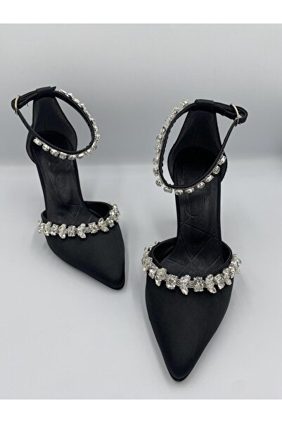 Ömer Ediz Shoes ALLYS Чорні атласні жіночі туфлі на підборах 9 см з кришталевими вставками