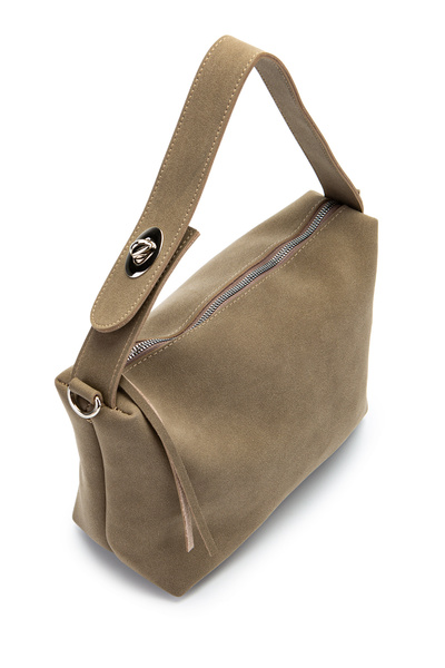 minebag Suede Nolan Women's Shoulder Bag with Opening and Closing Details Mink