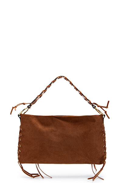 minebag Suede Texas Women's Shoulder Bag with Knitted Handle and Rope Pendant Detail, Brown